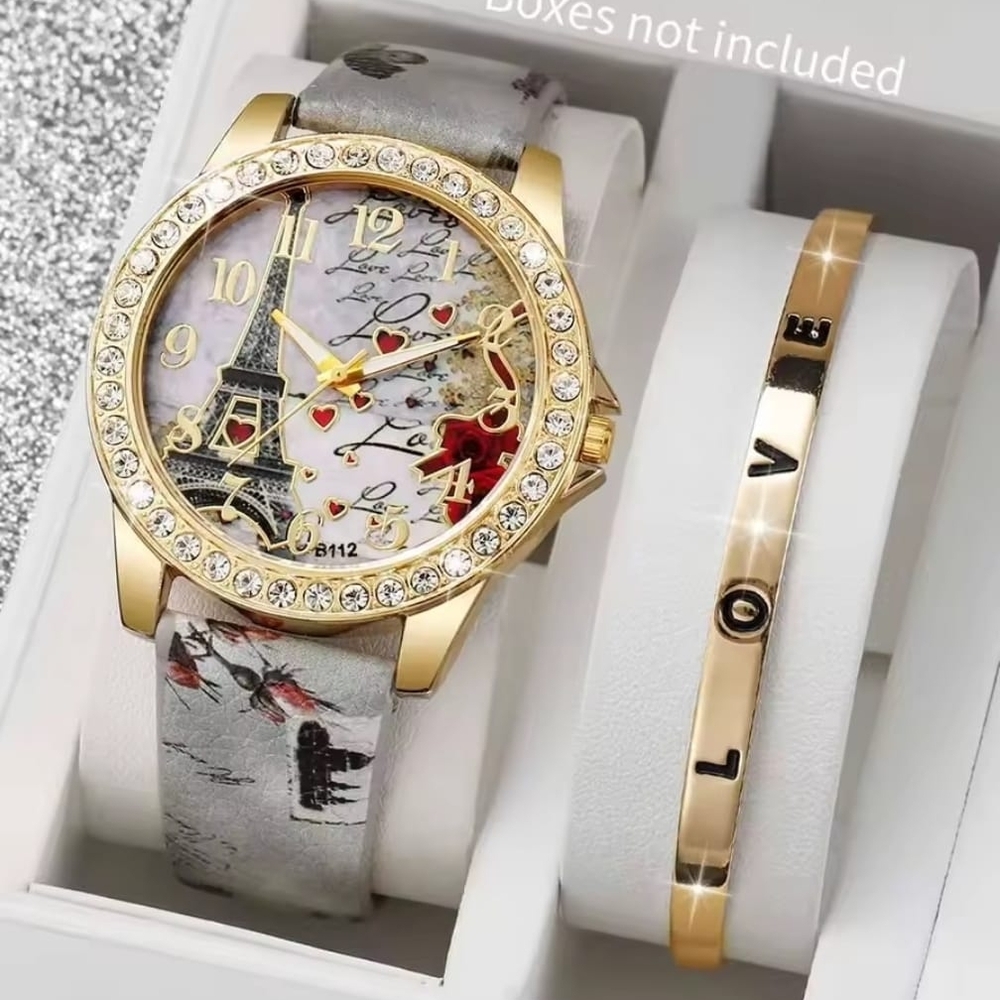 2pcs set watch Fashion New women ladies rhinestone wristwatch bracelets set relo